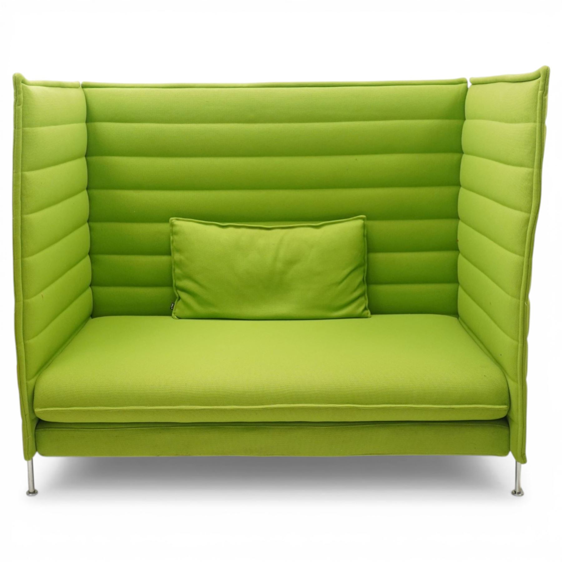 Ronan and Erwan Bouroullec (1971- ; 1976-) - Vitra ‘Alcove’ sofa, with high winged sides and back upholstered in green ‘Credo’ fabric with horizontal channel detailing, fitted seat cushion and scatter cushion, on chrome tubular frame supports