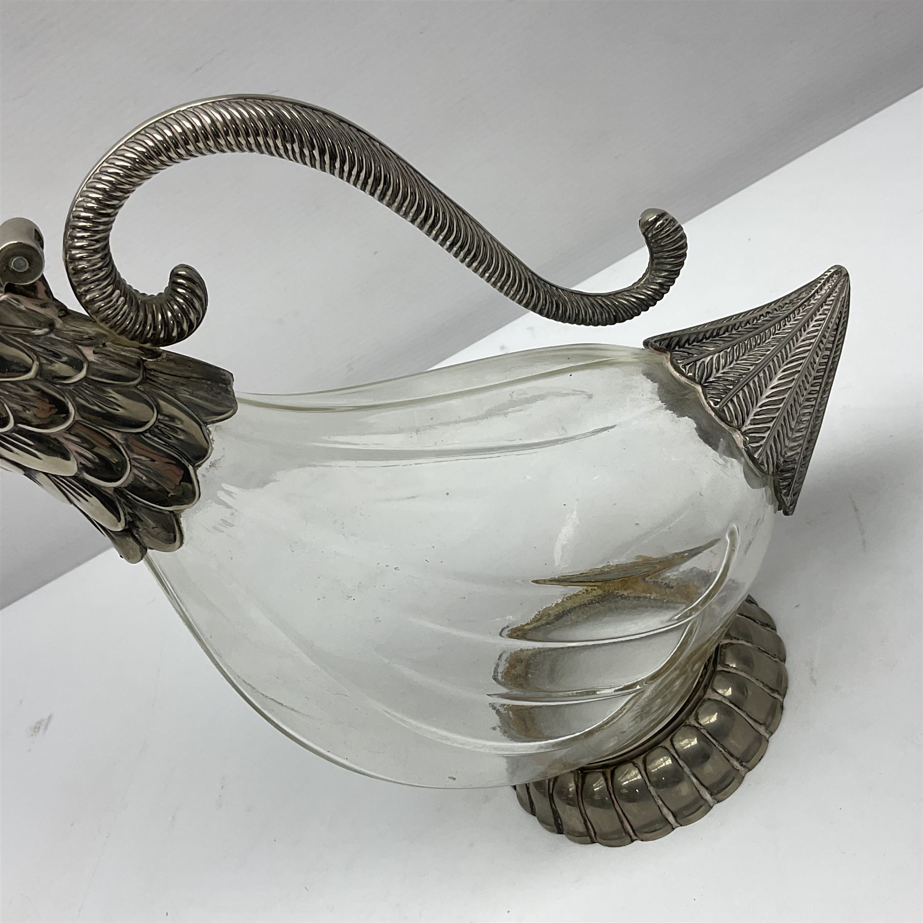 Silea silver plate mounted glass claret jug, in the form of a duck, with makers mark beneath, H26cm