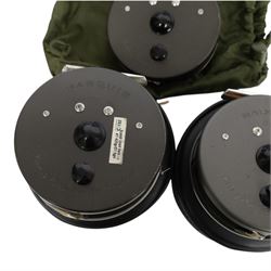 Three Hardy Bros Marquis fly fishing reels, comprising two No. 10 reels and a No.1 Salmon reel, two within black Hardy cases