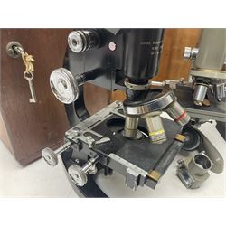 Four microscopes, including Cooke, Troughton & Simms no M467926, W Watson & Sons no 114758, W & J George & Beck Ltd no 36649 and one other 