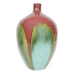 Stoneware vase of baluster from, with red drip glaze upon a mottled blue green ground, H52cm 