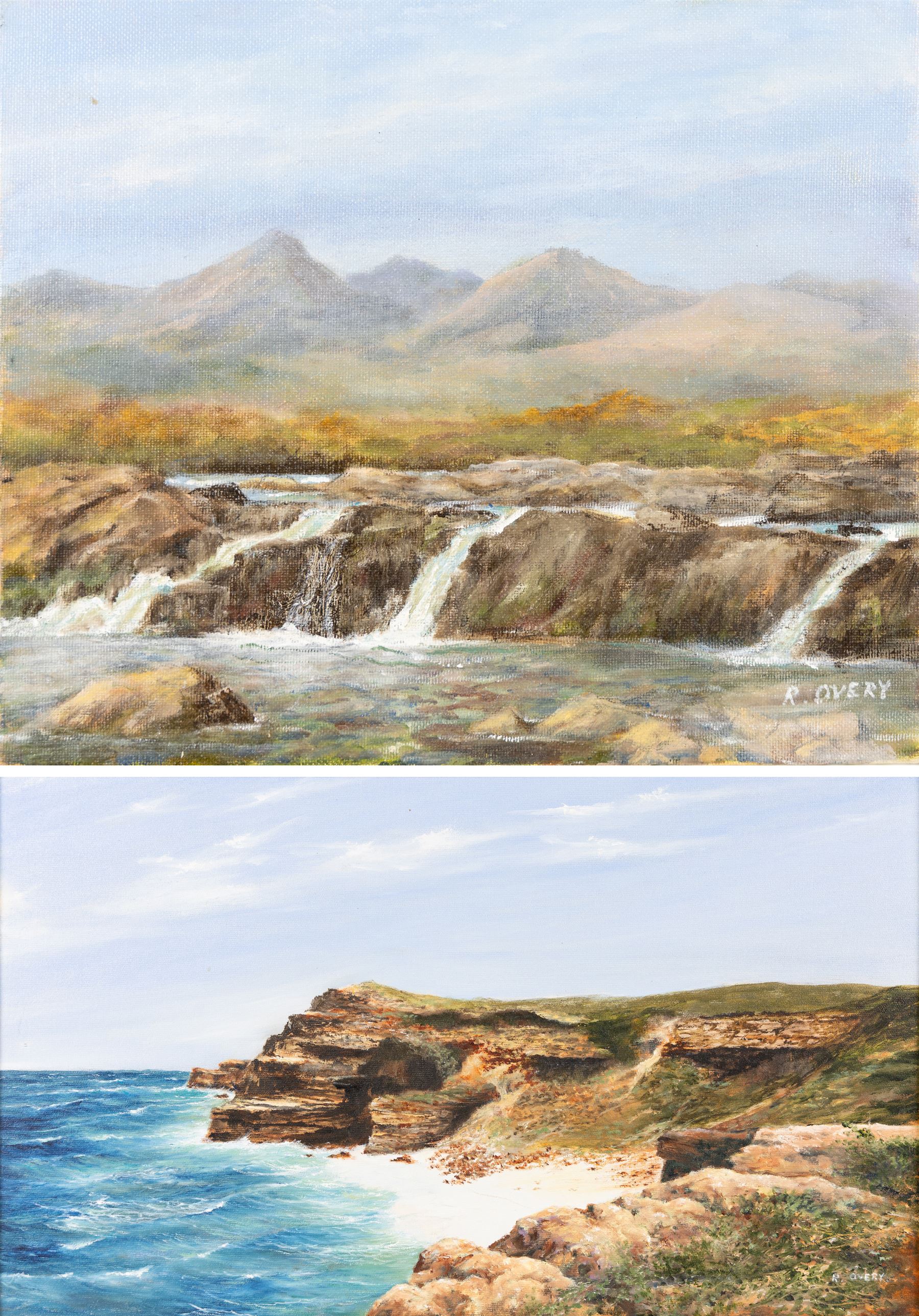 Robert Overy (British 1928-2018): Headland and Bay - Possibly Flamborough and Serene River Landscape, pair of oils on canvas board signed max 29cm x 50cm (2) (one unframed)