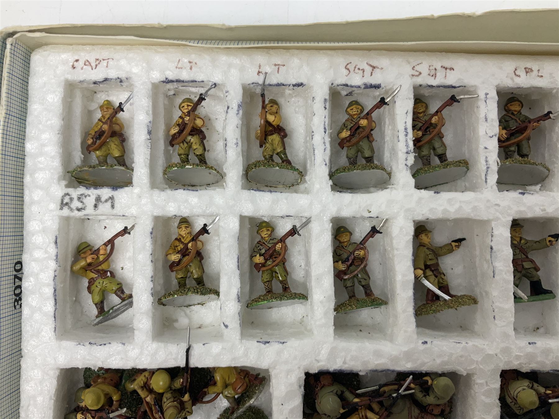 Lamming Miniatures - Bill Lammings own 1970s promotional display set of fifty-two 25mm miniature WW2 Japanese Infantry soldiers with two howitzers and mortar team; hand painted by Bill Lamming for exhibition