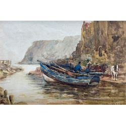 James William Booth (Staithes Group 1867-1953): Cobles at Staithes with Horse and Cart on the Beckside, watercolour signed 24cm x 36cm