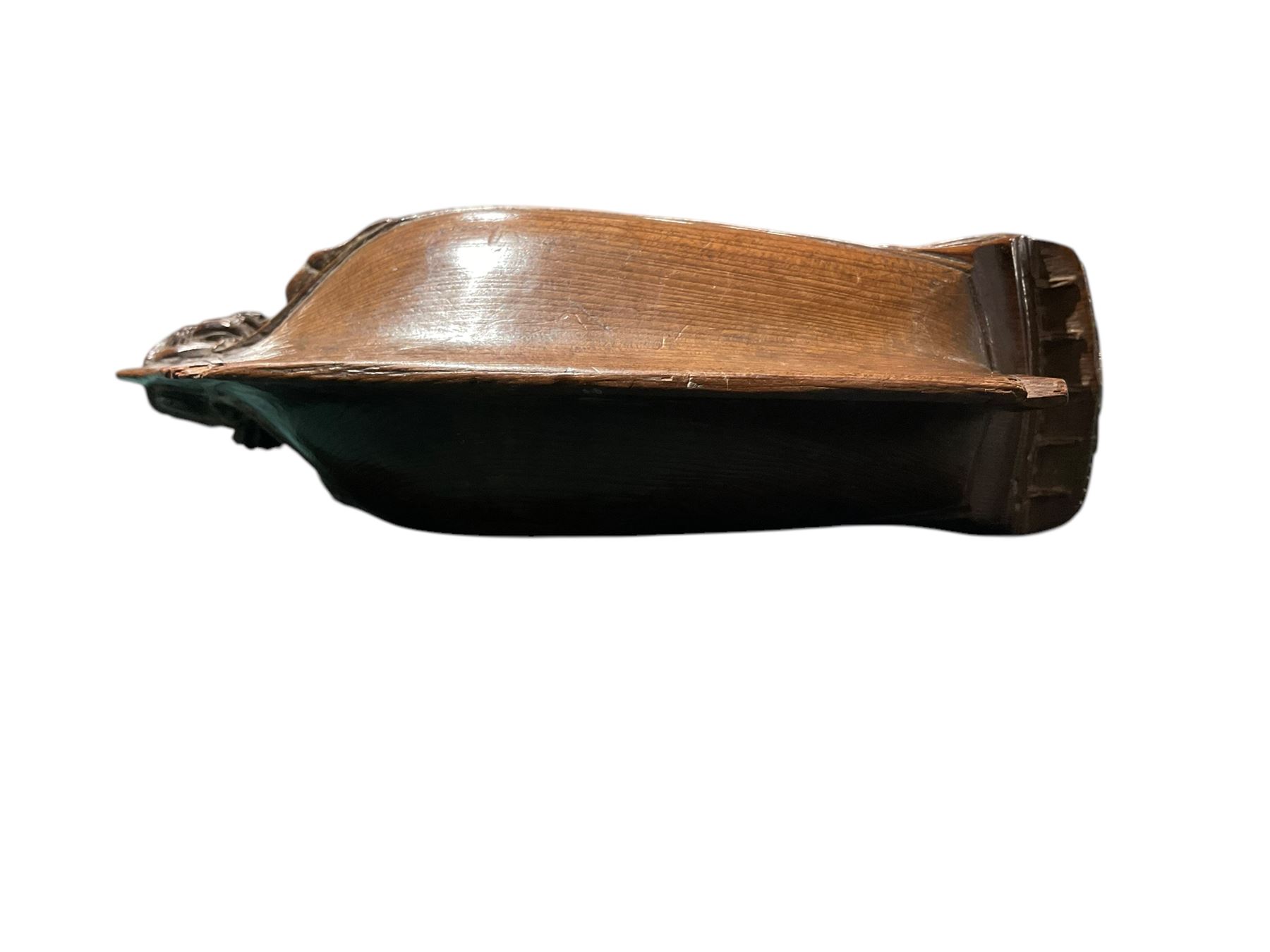 19th century treen snuff box in the form of a ship, with carved detail including windows and mythical figures, L15cm, H6cm