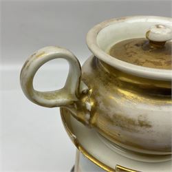  Two 19th century continental teapots and warmers, each teapot upon a cylindrical warming base, hand printed with landscapes, largest H22cm