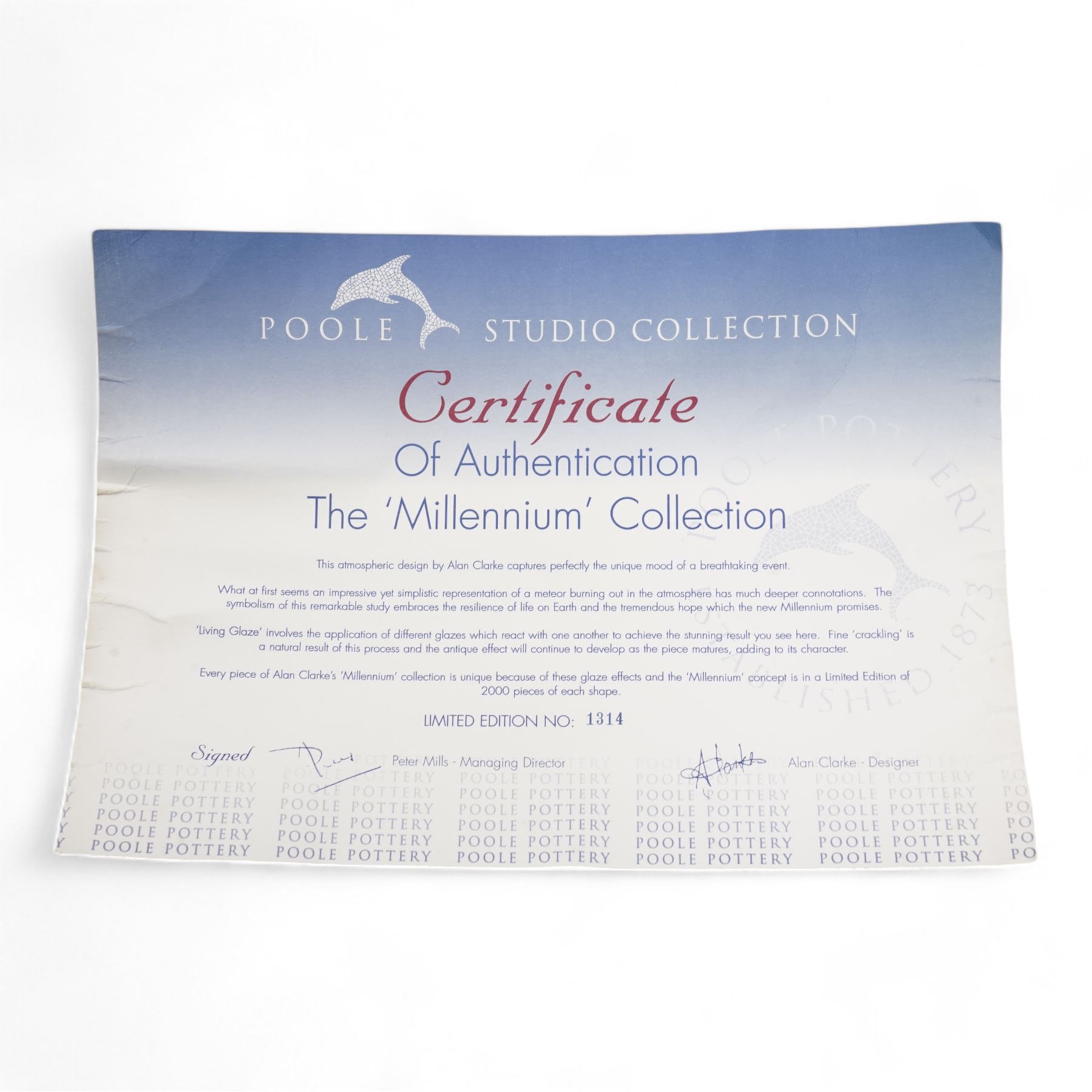 Poole Pottery Saturn Charger from the Alan Clarke 'The Planets' series, no. 1314/2000, D41cm, together with a Poole Pottery Millennium charger, no. 1035, and vase no. 1314, H34cm (3)