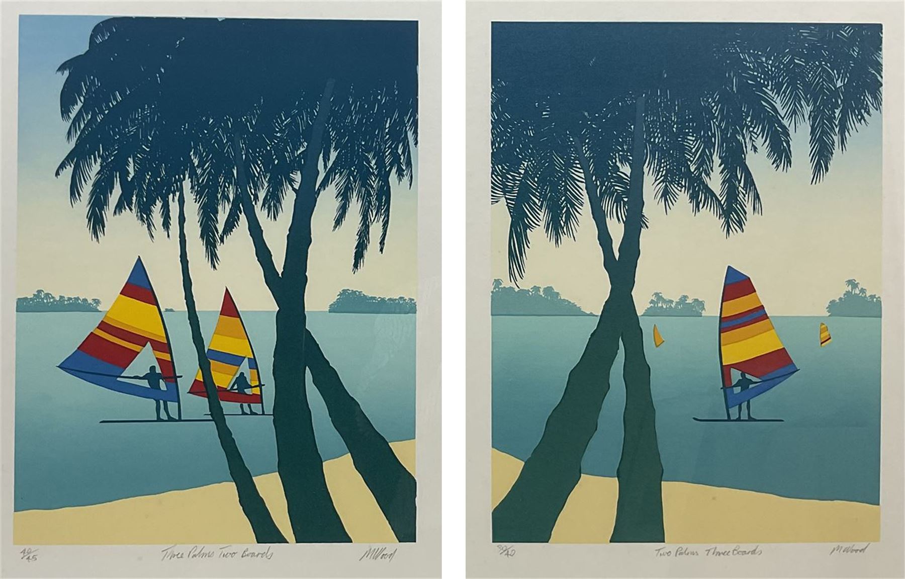 M Wood (20th century): 'Three Palms - Two Boards' and 'Two Palms - Three Boards', pair limited edition screenprints signed titled and numbered 40/45 and 30/40, respectively, 41cm x 31cm with full margins (2)