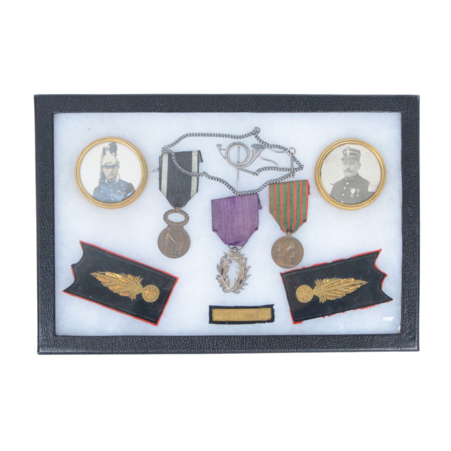 French Sapeur Pompier, fire service, photos, medals, decorations collar badges and buttons, all awarded to the same person.
