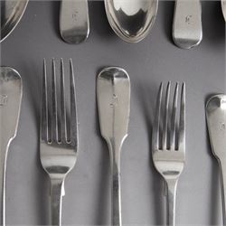 Set of Victorian silver Fiddle pattern cutlery for six place settings, comprising two table spoons, six dessert spoons, six table forks and six dessert forks, all engraved with initial to terminal, table spoons and dessert spoons hallmarked Robert Williams & Sons, Exeter 1848, forks hallmarked Henry Holland, London 1847