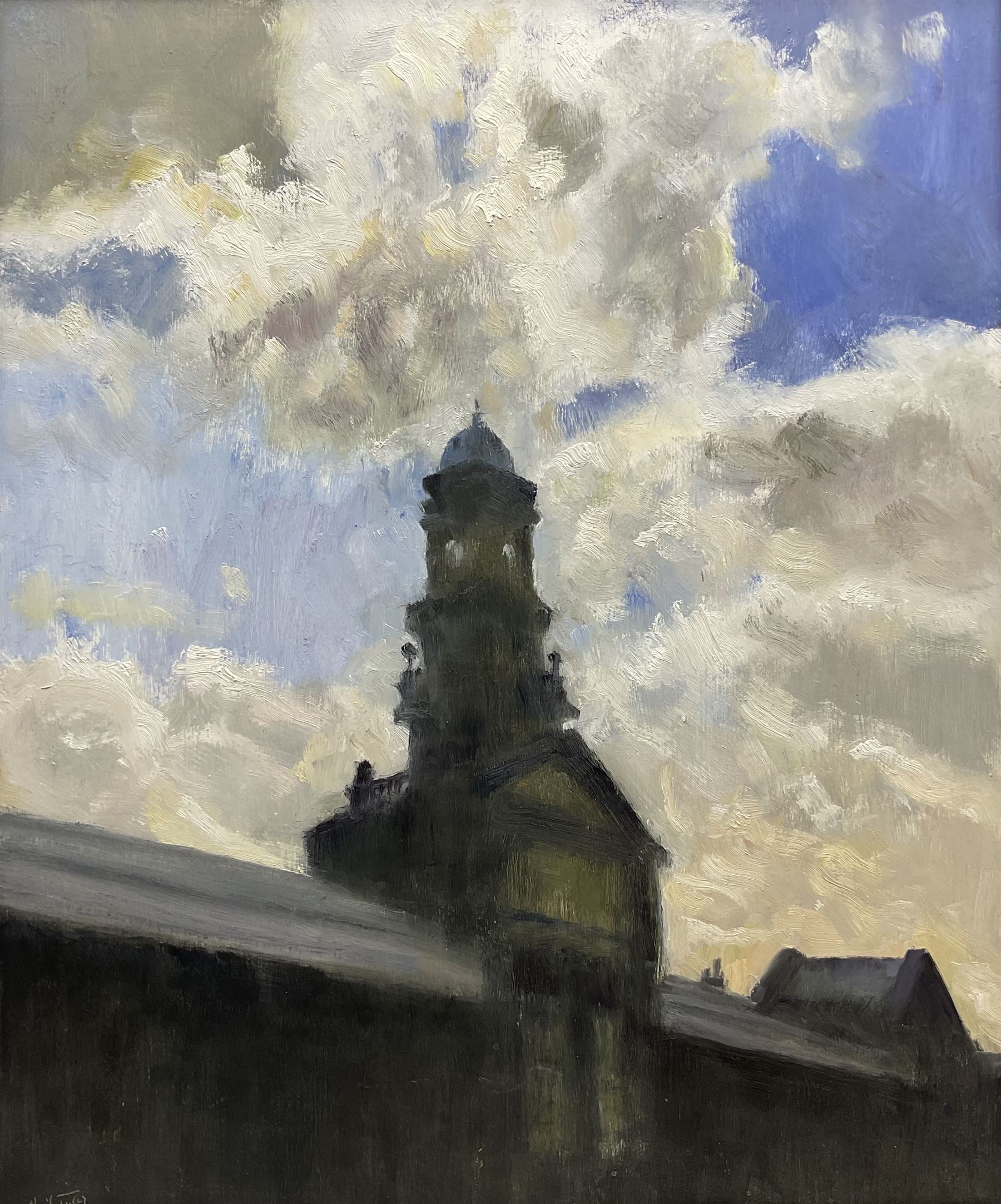 Neil Tyler (British 1945-): 'Station Clock Tower - Scarborough', oil on board signed, titled verso 59cm x 49cm