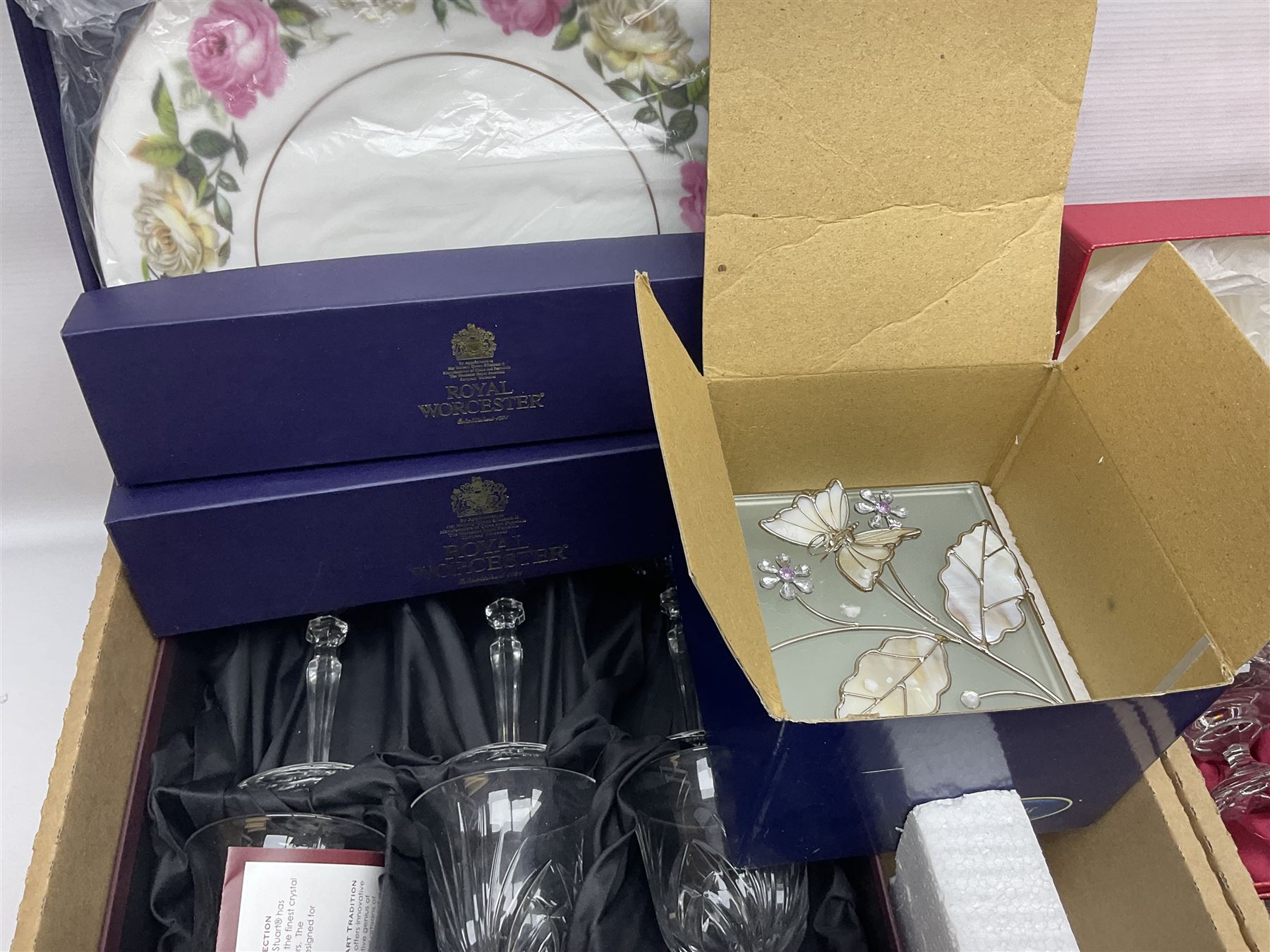 Juliana Treasure trinket, together with Stuart Crystal Redhouse Collection wine glasses, other glasses and flatware, in two boxes