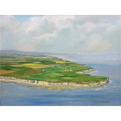  Aerial View Flamborough Head, oil on board signed by Don Micklethwaite (British 1936-) 45cm x 60cm and South Landing Flamborough, watercolour by the same hand 17cm x 25cm (2)  