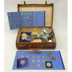  Quantity of Great British and World coins including incomplete Whitman folders, Great British pre decimal coinage, cartwheel pennies, 1884 200 Reis, commemorative crowns, quantity of world coinage etc, in brown suitcase   