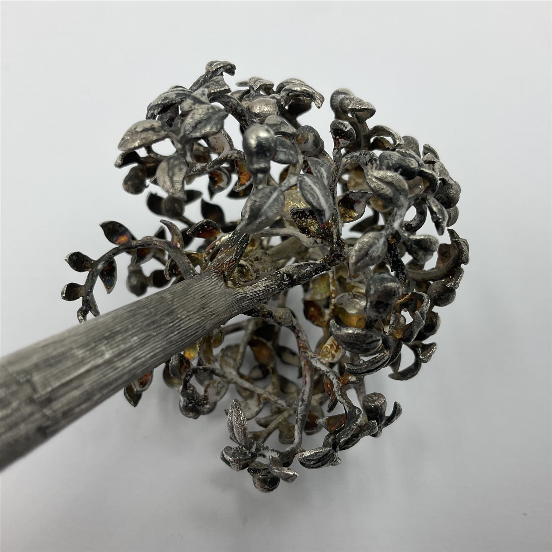 Modern silver and silver-gilt model of a partridge in a pear tree, hallmarked London 1979, maker's mark RFE, H9.5cm