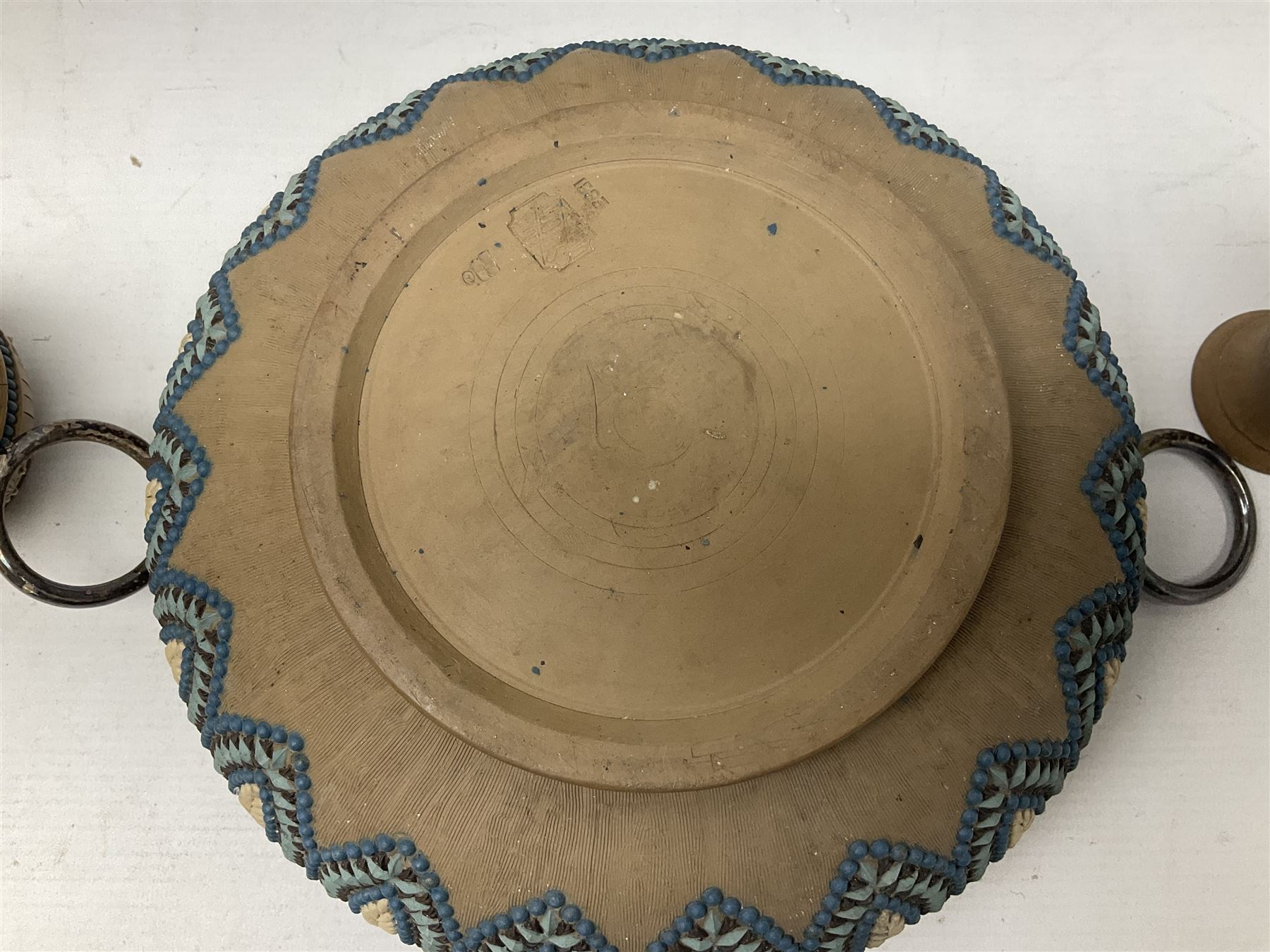 Five pieces of Doulton Lambeth silicon, comprising  salad bowl with plate mounted rim and handles, a pair of similar salad servers, vase and jug, jug H16cm