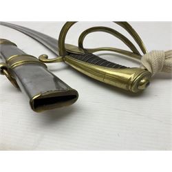 19th century French Chasseur a Cheval de la Guard trooper's sword with 86.5cm slightly curving fullered blade, brass three-bar hilt with elongated elliptical langets and wire-bound leather grip; in polished steel scabbard with two brass suspension rings L104cm overall