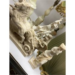 Onyx table lamp, with knopped stem and cream and green tassel shade, together with three smaller similar onyx lamps, classical style alabaster figures and a covered onyx jar