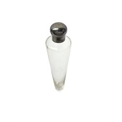 Tapered conical glass hunting flask with silver plated screw top, housed in in a leather case with straps L23.5cm. 