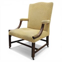 20th century Gainsborough style open armchair, upholstered in patterned fabric, the chair with shaped padded back and scroll arms on moulded frame