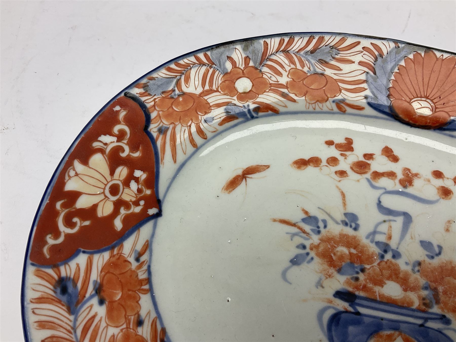 Two 19th century Japanese Imari pattern oval charger together with another circular Imari charger, circular charger D31cm 