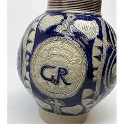 An 18th century Westerwald stoneware flagon, the bulbous body with moulded GR Royal cypher beneath a crown, and further detailed with incised foliate decoration, H25cm. 
