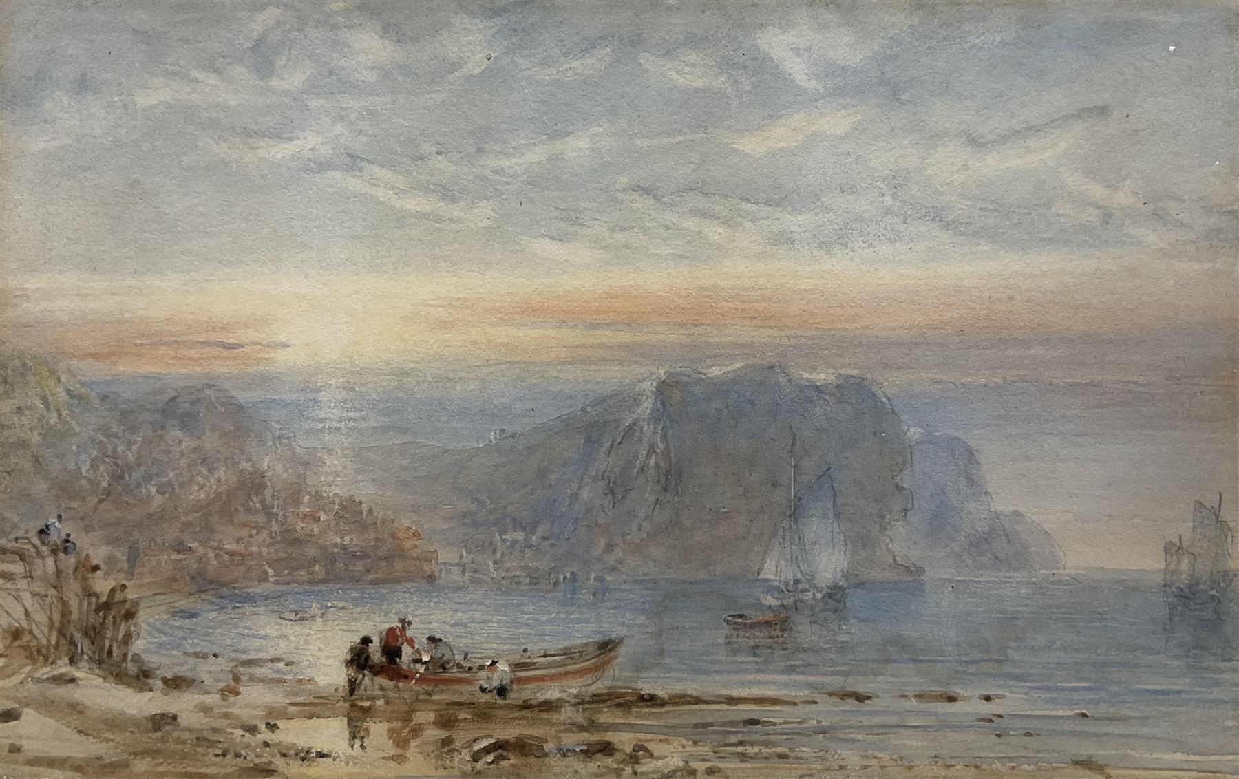 George Weatherill (British 1810-1890): Coble on Penny Steel looking towards Cowbar Nab - Staithes, watercolour unsigned 10.5cm x 17cm