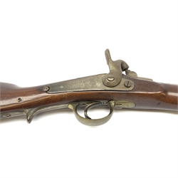  19th century French Military muzzle loading percussion cap rifled musket, approximately 20-bore, 83cm barrel stamped ELG, action stamped F.x Escoffier Entrepr. Mre Imple.A St. Etienne, with adjustable rear sight, twin straps and under barrel ram rod, L128cm overall