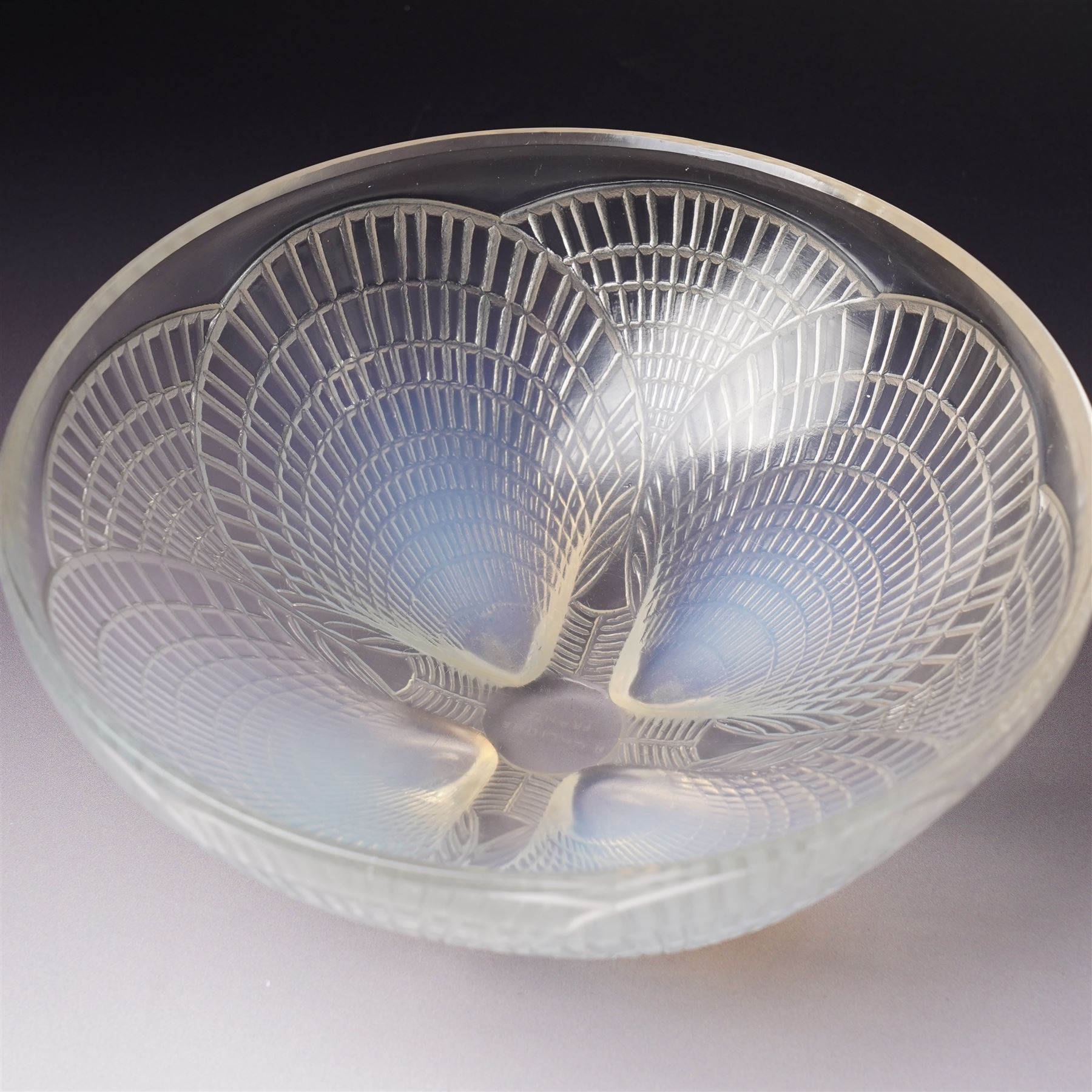 Lalique 'Coquilles' pattern opalescent glass bowl with moulded shells marked R Lalique France D21cm