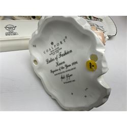 Collection of ceramics including Wedgwood Hunting Scenes clock, trinket box and other items, Coalport Karen and Beatrix potter figures and dish 