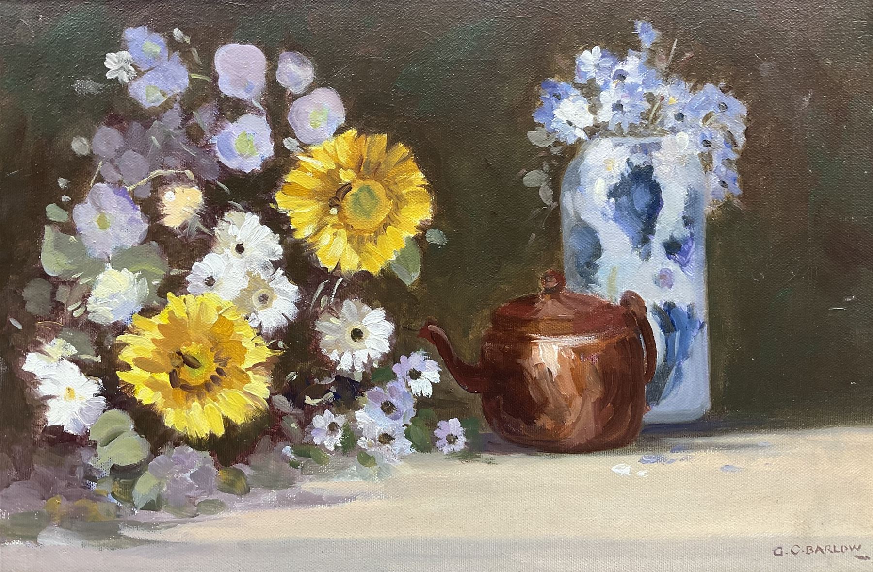 Gordon Clifford Barlow (British 1913-2005): Still Life of a Copper Kettle and Flowers, oil on canvas signed 30cm x 45cm 