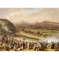 Robert Gemmell Hutchison (British 1855-1936): 'Royal Review Edinburgh - 1905', oil on canvas signed, titled on plaque 36cm x 49cm 
Provenance: private collection, purchased Omell Galleries, London 1990.
Notes: Likely the preparatory oil sketch for the larger version, sold Bonhams Fine Paintings sale, 7th December 2010, Lot 18, for £18,000. 