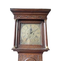Robert Henderson of Scarborough -mid-18th century eight-day longcase clock c1750, with a flat topped pediment and broad cornice, carved frieze beneath and a square hood door flanked by detached pilasters with gesso capitals, profusely carved trunk with a break arch topped door on a square plinth raised on a shaped base, brass dial with a matted and engraved dial centre, cast spandrels and chapter with Roman numerals and five minute Arabic's, with a seconds dial and date aperture, dial pined directly to a rack striking movement with a recoil anchor escapement, sounding the hours on a bell. With weights and pendulum.
Robert Henderson was one of the first clockmaker recorded as working in Scarborough, b1678-d1756.

