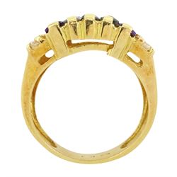 18ct gold purple and green paste stone set ring, with white paste stone sides, stamped 750