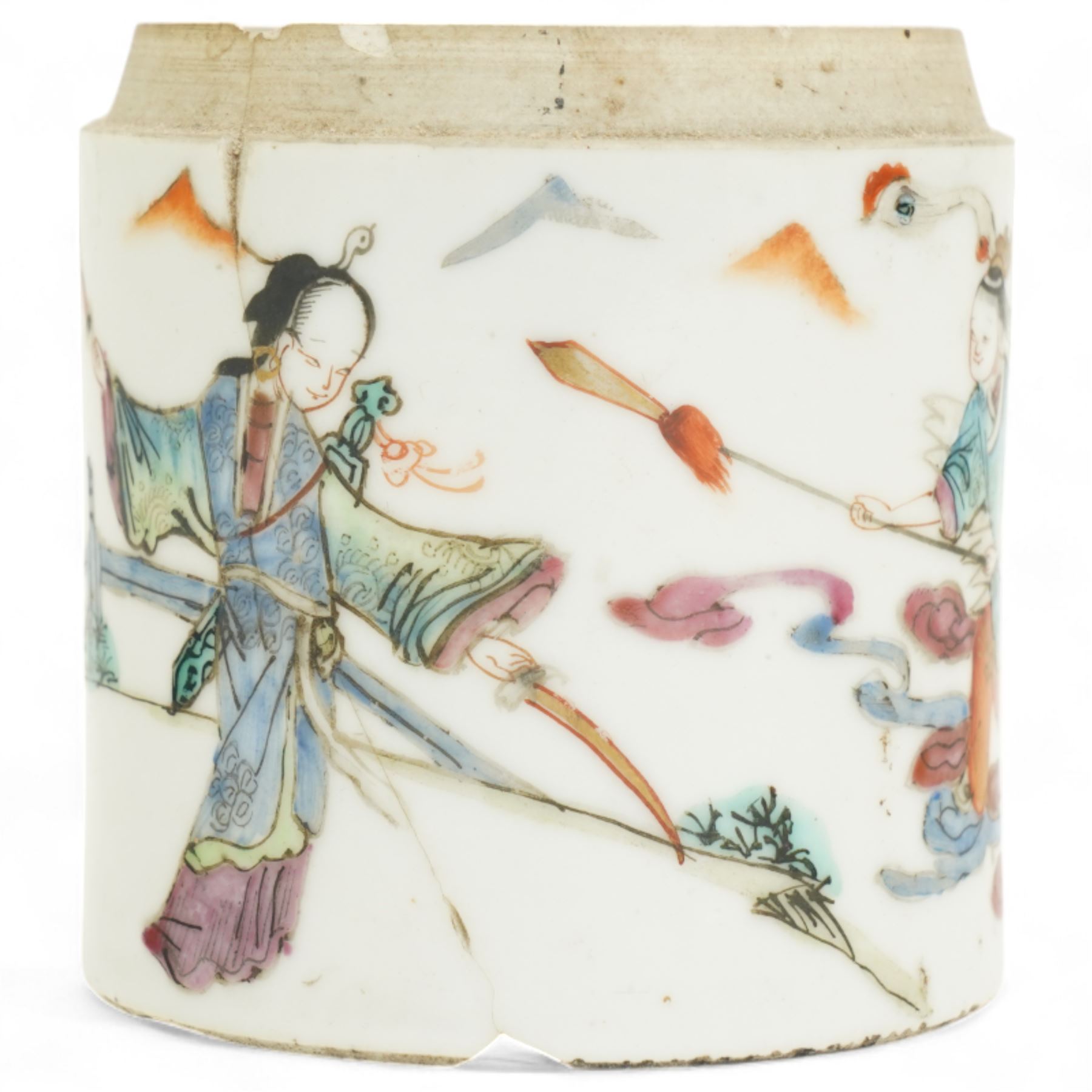 Two Chinese Qing dynasty famille rose pots, decorated with figures from 'Wu Shang Pu', the smaller pot with lines of verse, larger H8cm (2)