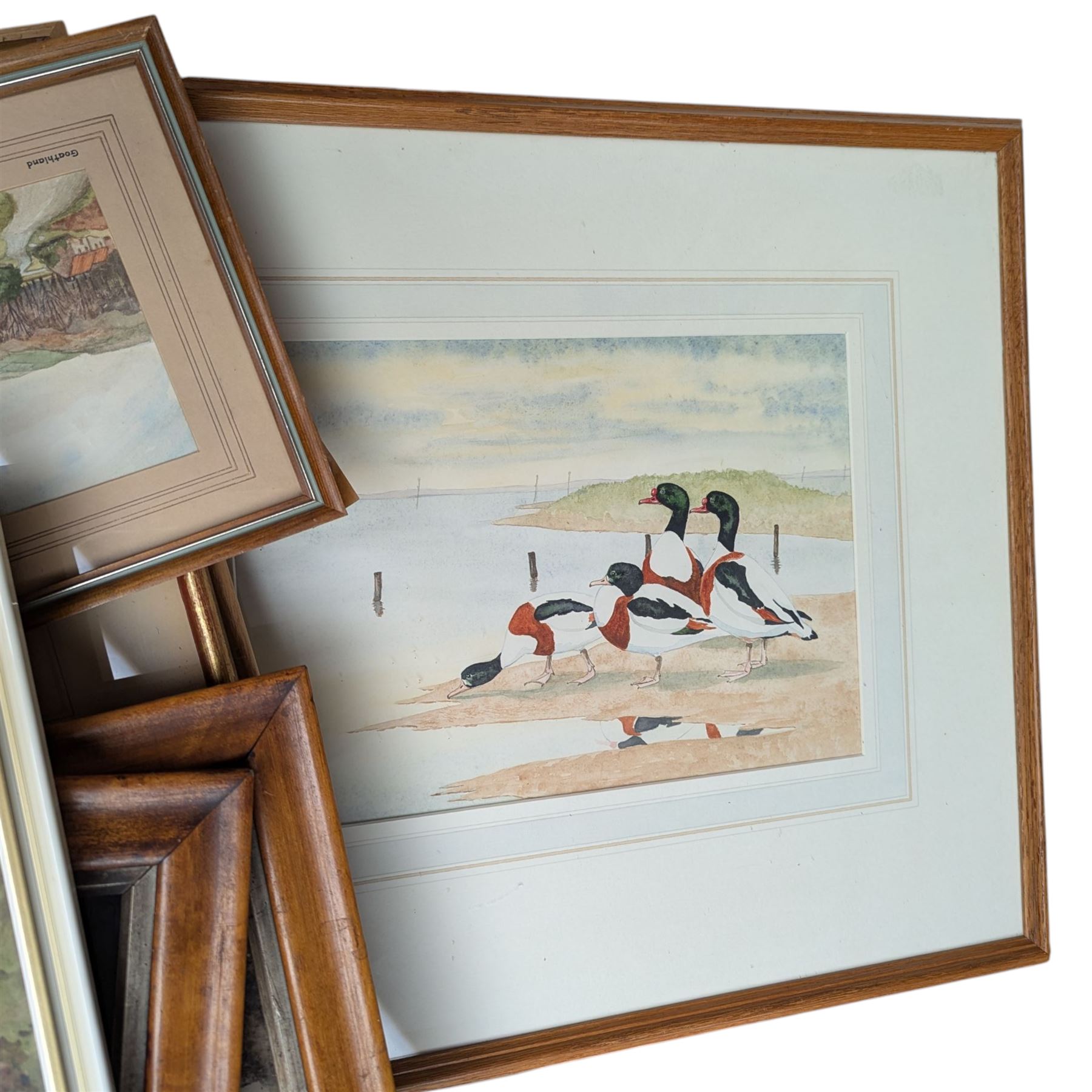 H E Downing watercolour of Chester; S Wagstaff pair of watercolours; Irene Dunlop cottage watercolour together with watercolour of ducks and others (one box)