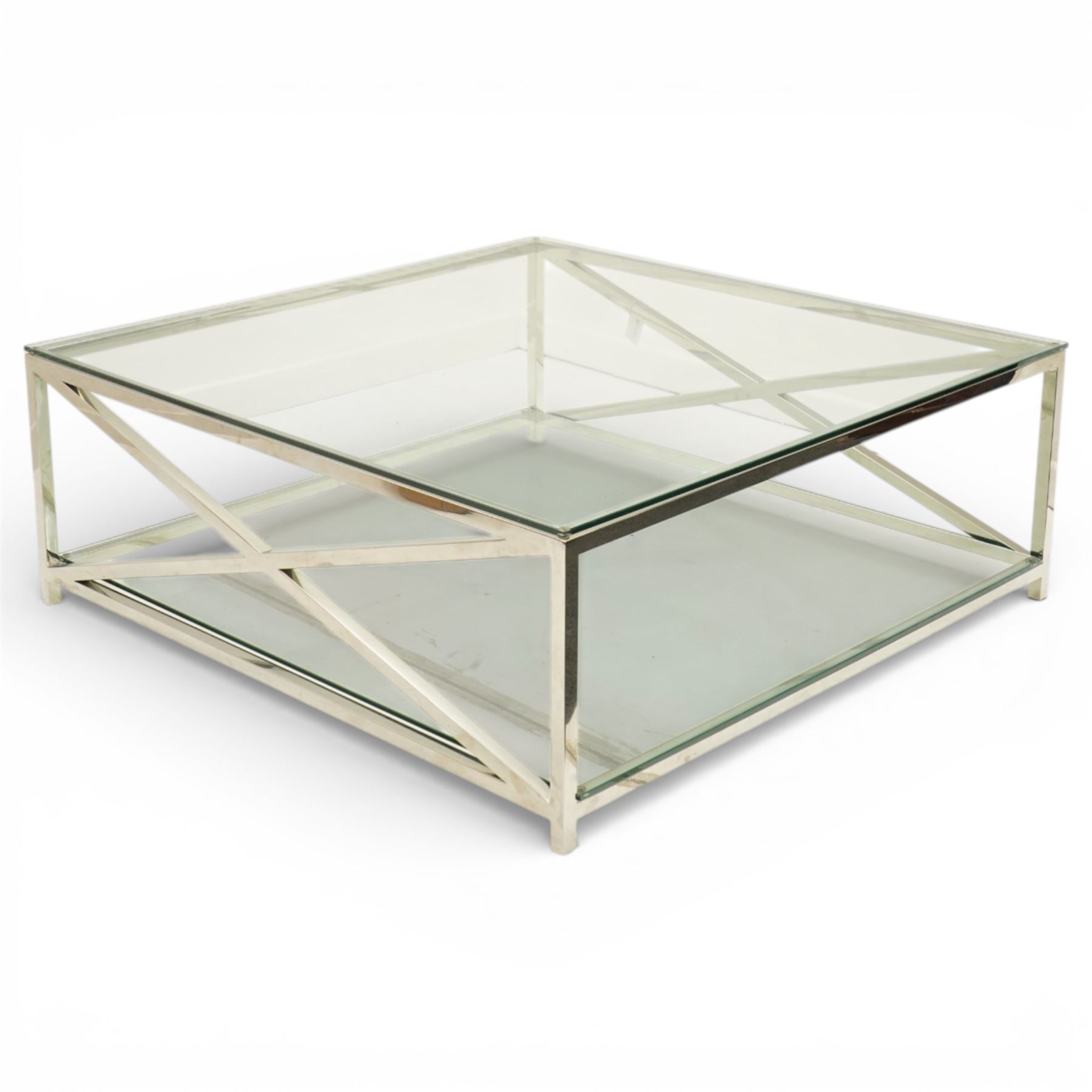 Modern chrome and glass coffee table, square plate glass top on polished chrome frame, the sides formed with X-frame stretchers, raised on square supports with lower glass tier