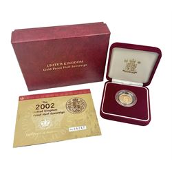 Queen Elizabeth II 2002 gold proof half sovereign coin, cased with certificate