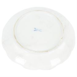 Meissen style Schneeballen or Snowball ecuelle, cover, and stand, profusely encrusted throughout with small white flower heads, with gilt vine handles and detail, overall H10.5cm, stand D18cm