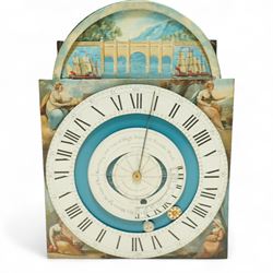 Thomas Emberson of Long Sutton (Lincolnshire) - Early 19th century longcase clock c1810 with a 30hr movement and an exceptionally rare 24-hour painted dial, housed in an ebonised Pine case with a flat pediment and break arch hood door, glazed side panels and turned pilasters with brass Corinthian capitals, trunk with a long door and conforming break arched top raised on a stepped plinth, fully painted dial with painted spandrels representing the four seasons and an operating automata depiction of ships at sea, rising and falling with the time of high and low water to the arch, with a 24-hour chapter with Roman numerals, five minute Arabic's, minute and inner quarter hour tracks, steel radial minute hand and image of the sun recording the hours, secondary inner dial illustrating the phases of the moon and lunar calendar recording the date and times of high and low water at Fosdike Wash (Lincolnshire), with an adjustable circular disc to the centre giving the times of high water at seven other locations including the Northern Pacific Ocean, dial attached to a countwheel striking chain driven movement, sounding the hours on a bell. With weight and pendulum.
Thomas Emberson is recorded not as a clockmaker but a machine maker from Long Sutton. This clock is also thought to have originally contained a musical movement, now removed, and was clearly an individual project possibly based on an earlier clock by John Ferguson illustrated in 