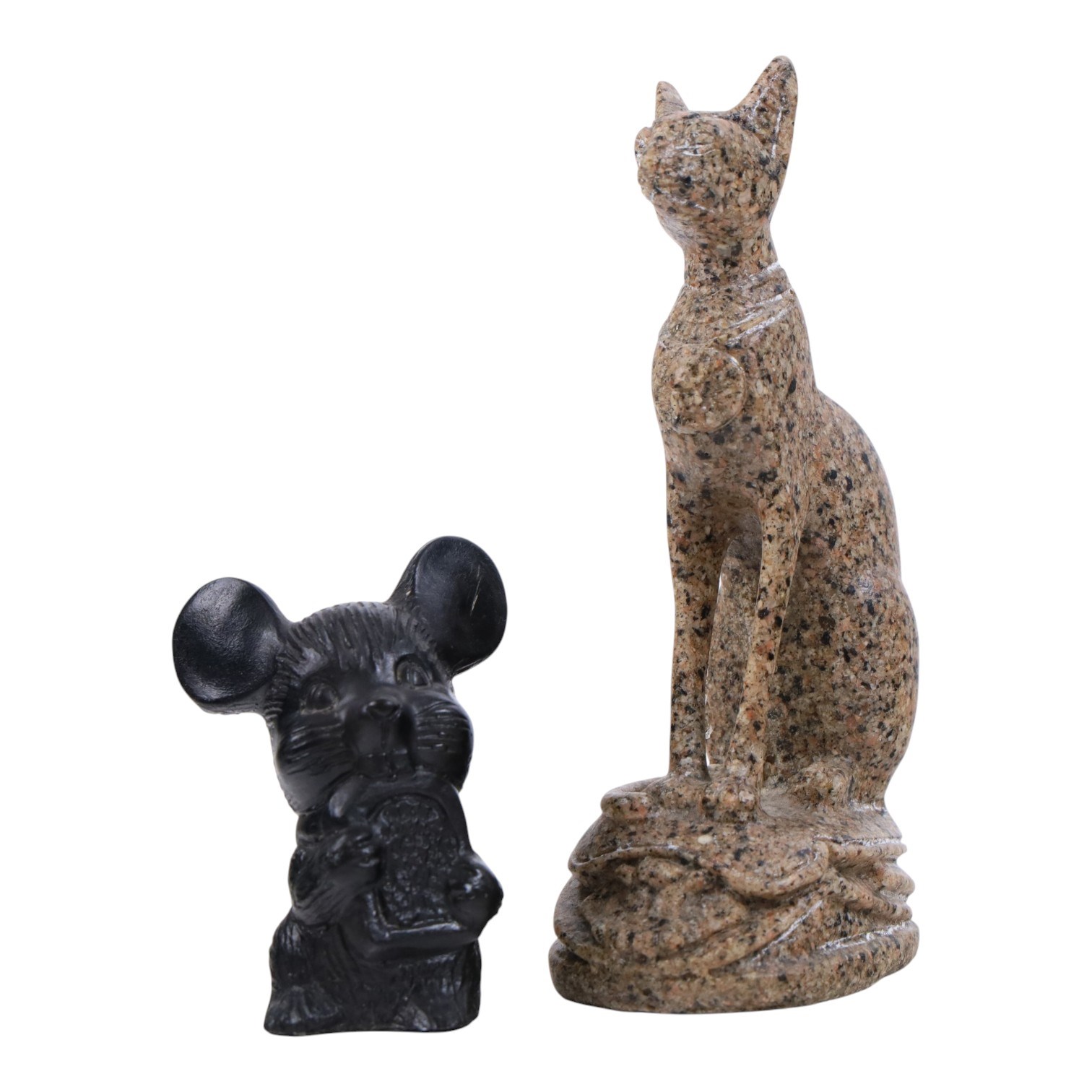 Collection of Coalport items, comprising floral mantel clock, houses including 'Park Lodge' 'The Umbrella House' 'Keepers Cottage', Coalbrookdale floral jar, and others; Kingmaker mouse ornament; Egyptian-style granite Bastet cat ornament, in one box