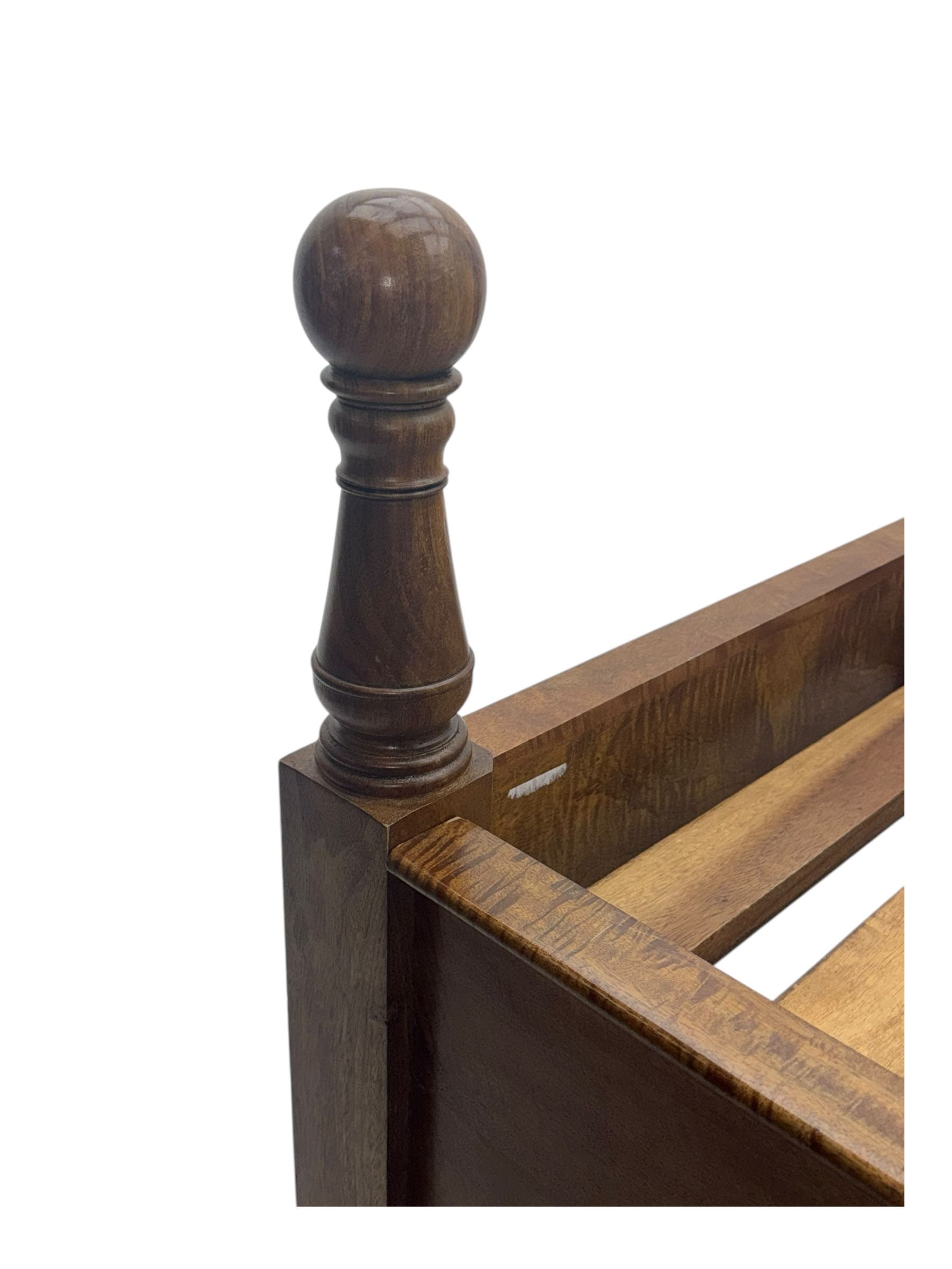 Contemporary mango wood bed frame, comprising an arched panelled headboard and footboard with inlaid geometric patterns, turned posts with spherical finials, and complete with side rails and slatted base