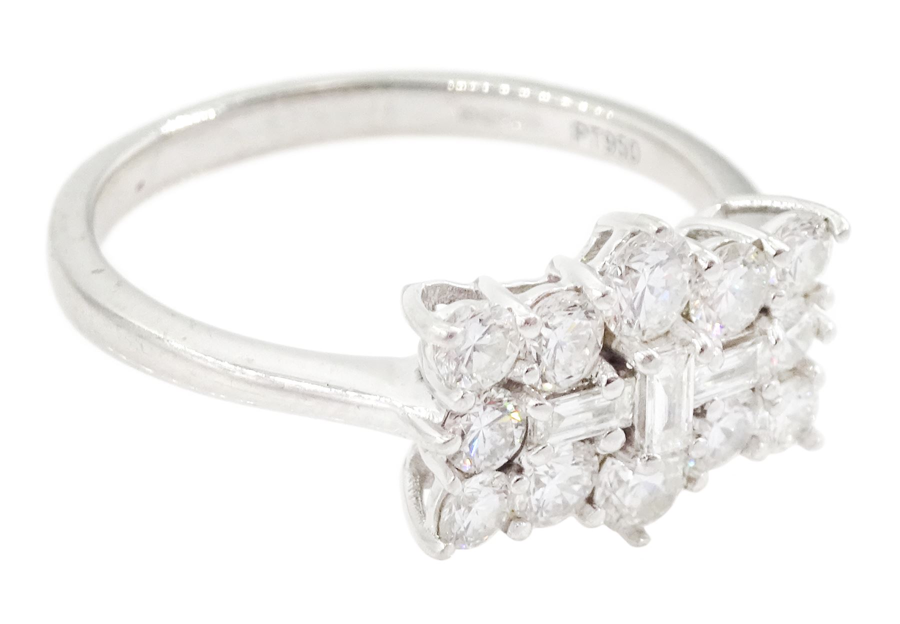 Platinum round brilliant cut and baguette cut diamond cluster ring, hallmarked, total diamond weight approx 1.00 carat