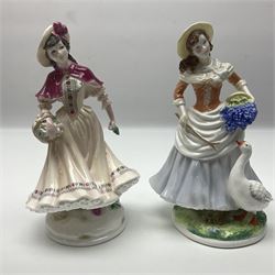 Five Royal Worcester figures, comprising Market Day, Noelle, Bakers Wife, Goose Girl and Fruit Picking, all with printed marks beneath and some with certificates of authentication  
