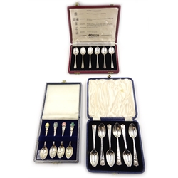  Set of six Silver Hallmarks rat-tail pattern teaspoons by Poyser, set of four British Isles enamelled teaspoons and a set of six George V Coronation teaspoons 4.2oz all cased  