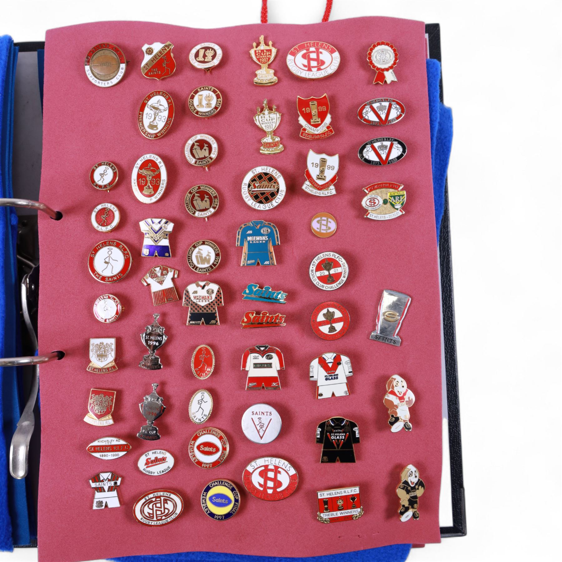 Rugby league enamel badge collection, from Oldham, Rochdale Hornets, St Helens, Salford, Sheffield Eagles, Huddersfield Giants, Hull FC, Hunslet and Keighley Cougars, housed in two folders, (approximately 330)