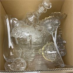 Collection of glassware, including a set of modern wine glasses with twisted stems, moulded Victorian dishes on a circular base,  a selection of glass bells etc, four boxes. 