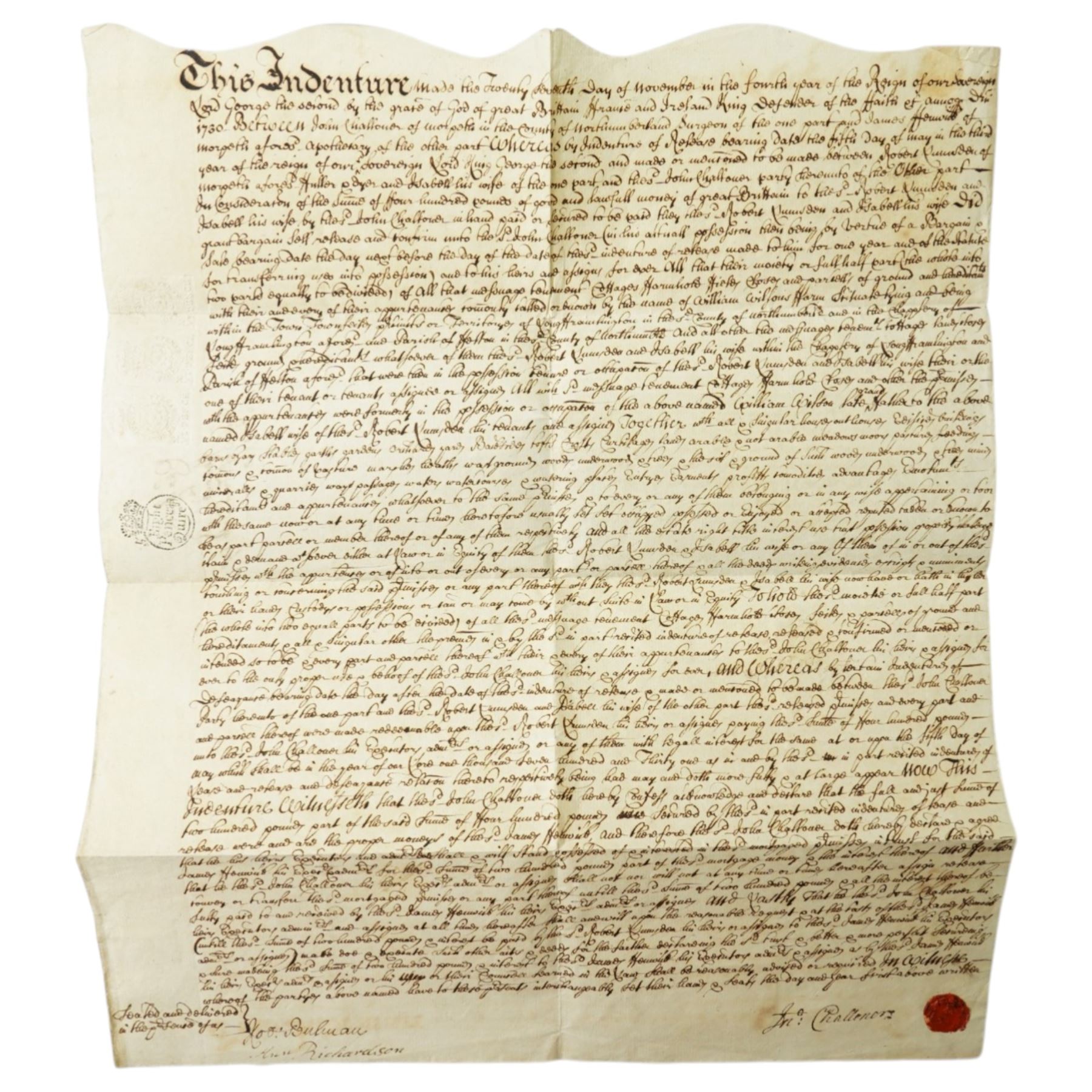 James I indenture on vellum between Sir George Selby and William Wilson 1609, two other 1609 indentures, George I lease for a year 1718, two others 1730 and four other indentures.
NB Sir George Selby was Member of Parliament for Newcastle 1601-1611