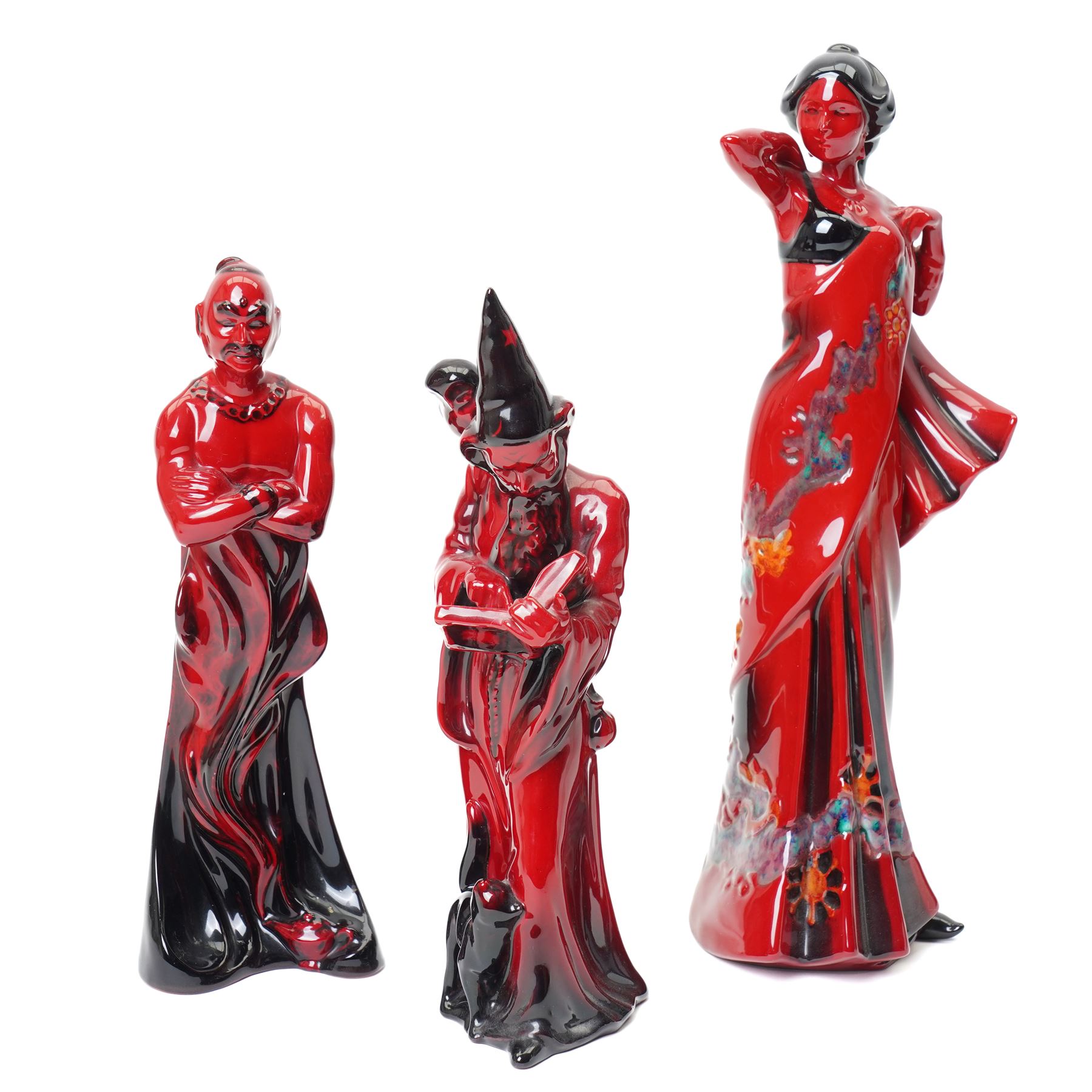 Three Royal Doulton flambe figures  'Wizard' HN3121,  'Eastern Grace' HN3683 limited edition 902/2500 and 'Genie' HN2999 (3)