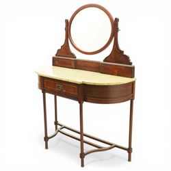 Edwardian inlaid mahogany dressing table, serpentine fronted marble top over central frieze drawer flanked by bowed sides, raised back with line inlaid decoration and oval swing mirror, on slender tapering supports united by shaped undertier